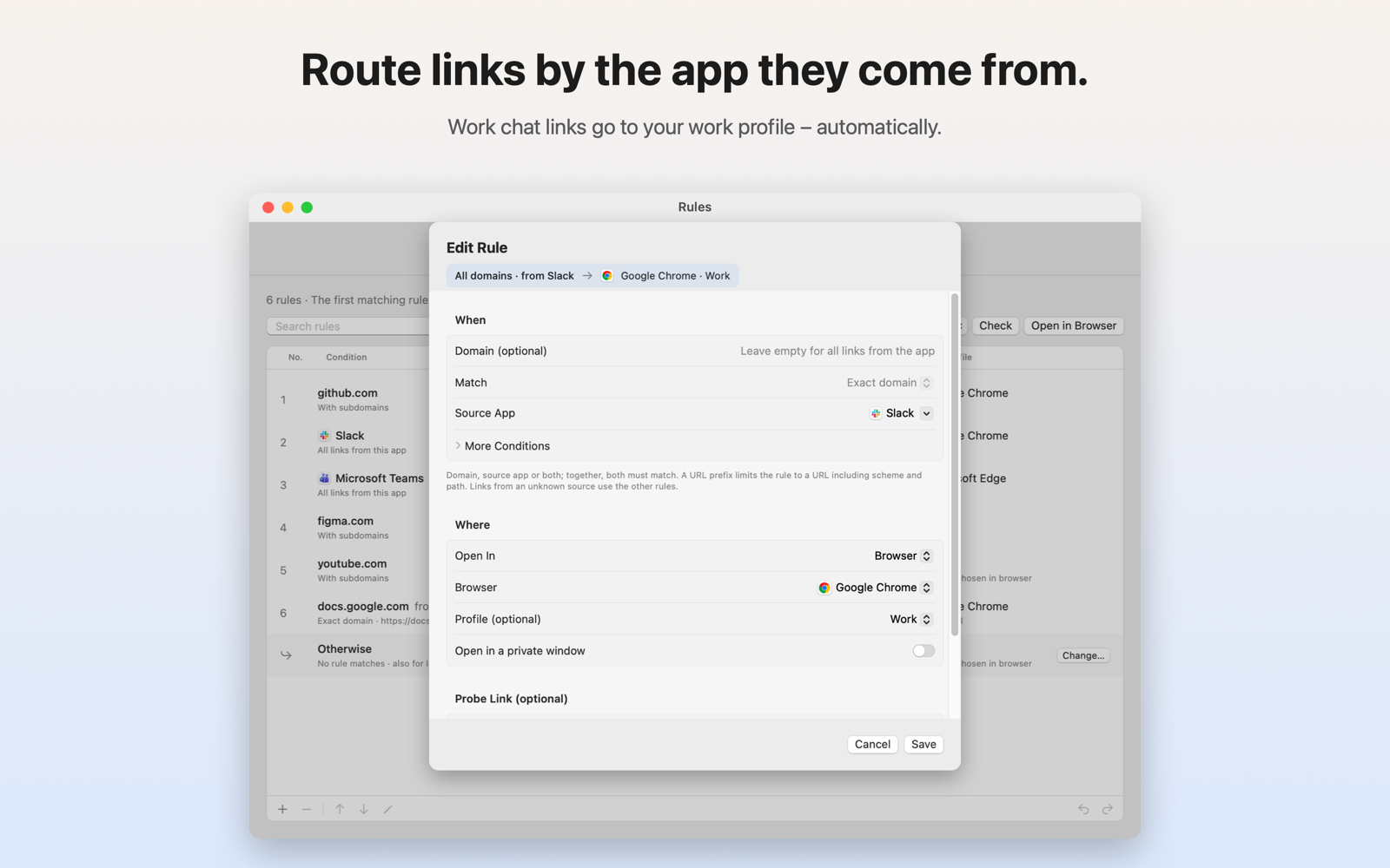 Editing a rule: all links from one app open in Chrome with the work profile